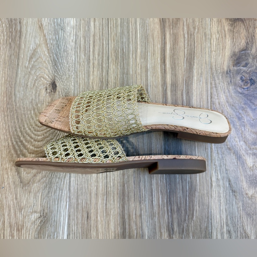 Jessica Simpson Gold Woven Slide Sandals Cork Footbed Size 7.5 - Picture 7 of 7